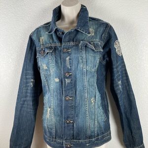 Denim trucker jacket Men’s S “Escapism” brand distressed denim, Y2K, gru…
